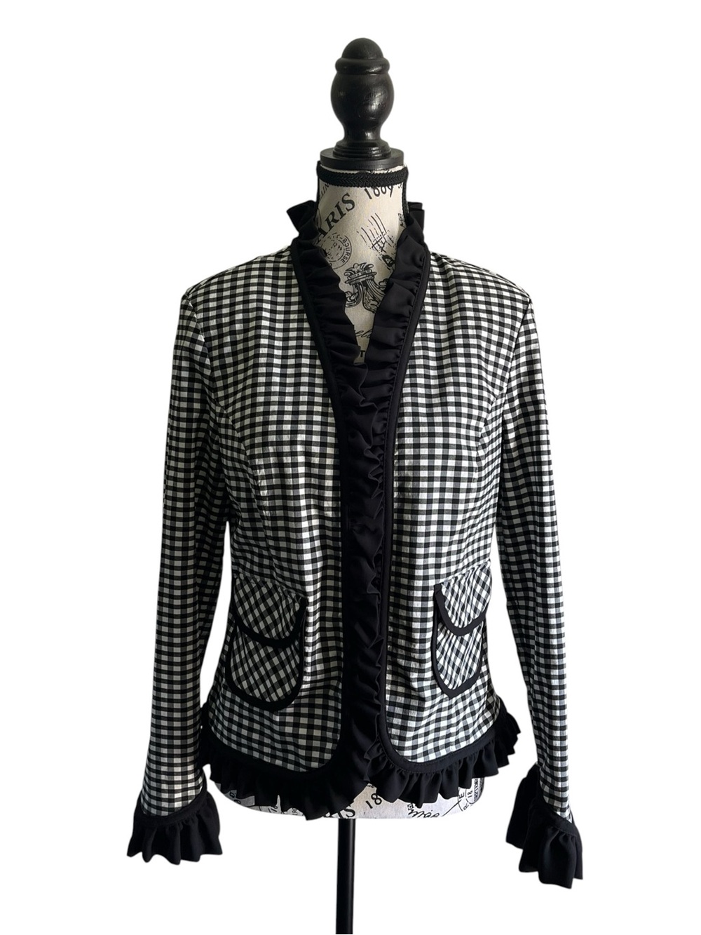 🇨🇦 RIBKOFF Vintage Gingham Ruffle Trim Blazer Jacket Black White Romantic Goth